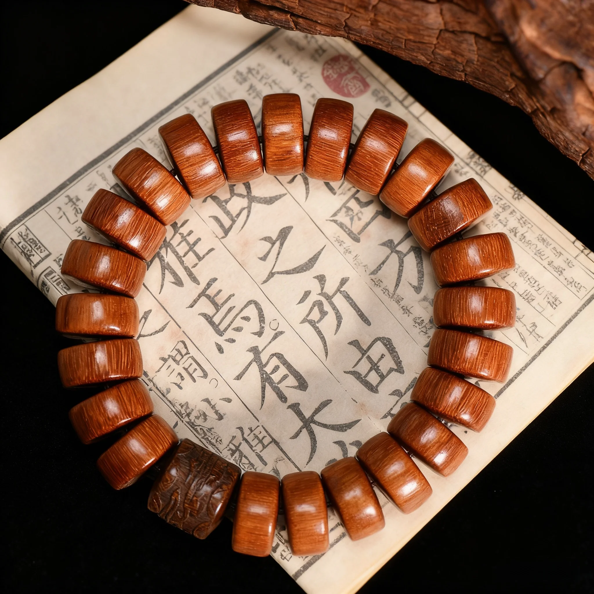Real Gold Vein Indonesian Rosewood Wheel Bead Bracelet DIY Carved Pixiu Wooden Wristlet Handcrafted Jewelry Gifts