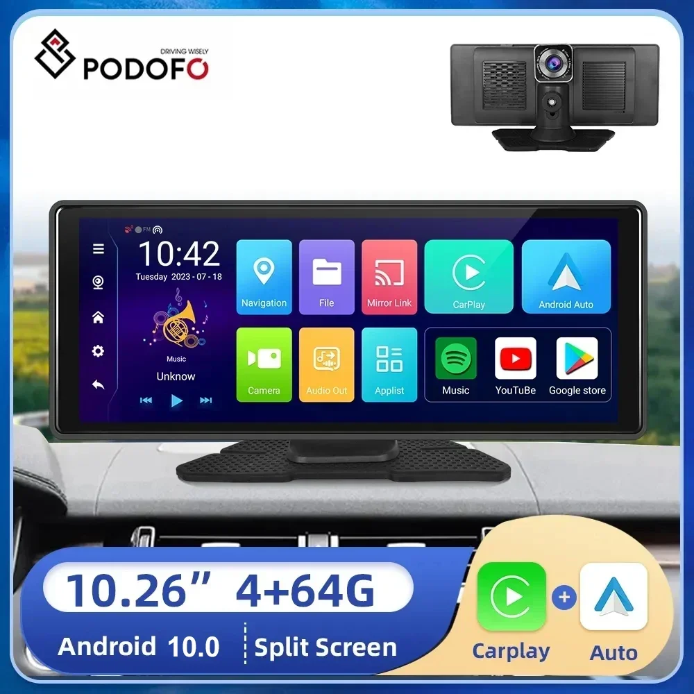 Podofo 10,26 pulgadas DVR de coche para Android 4 + 64G Monitor Carplay Android Auto Dash Cam WIFI GPS navegación salpicadero grabadora