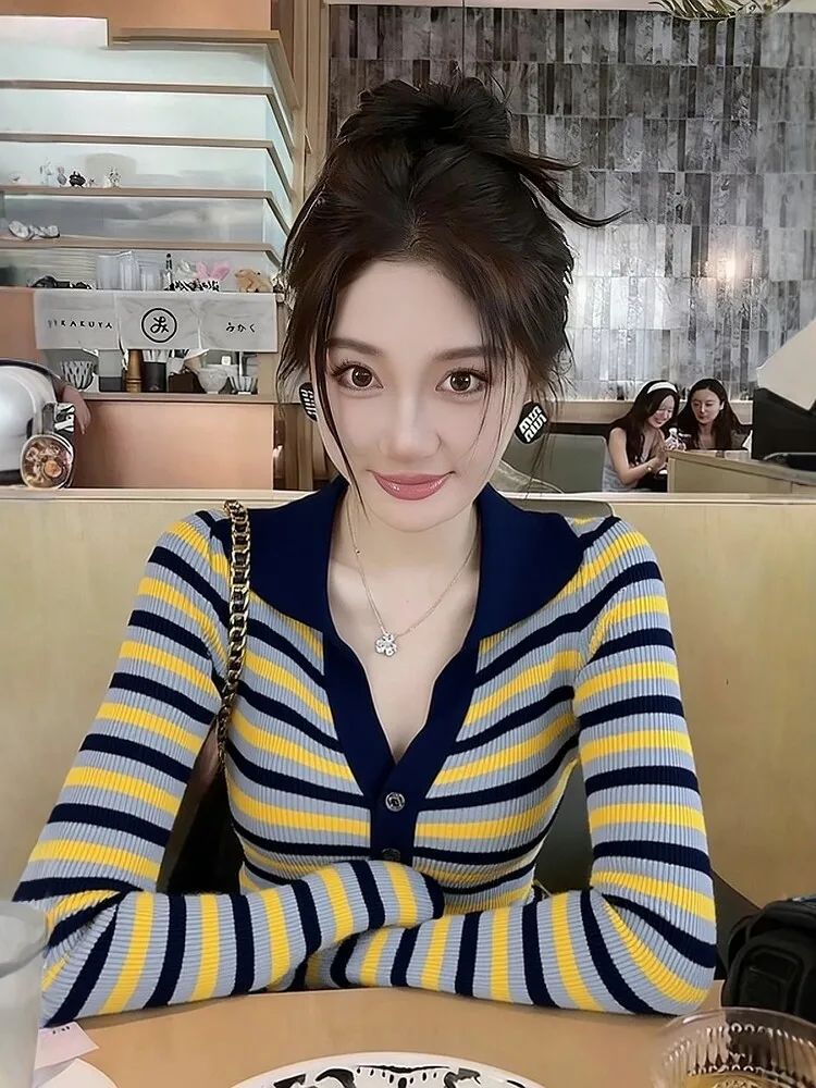 

Ретро-американский полосатый вязаный базовый топ для женщин, облегающий, с длинными рукавами, на осень-зиму