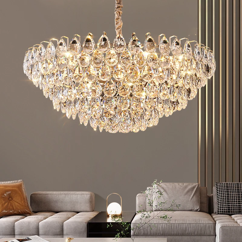 

Light Luxury LED High Quality Golden Water Drop Crystal Chandelier Home Living Room Main Light Design Restaurant Bedroom Lamp