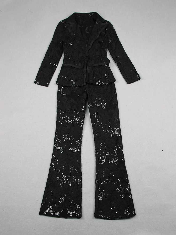 HIGH STREET Newest 2024 Designer Runway Suit Set Women\'s Single Button Guipure Lace Blazer Flare Pants Set