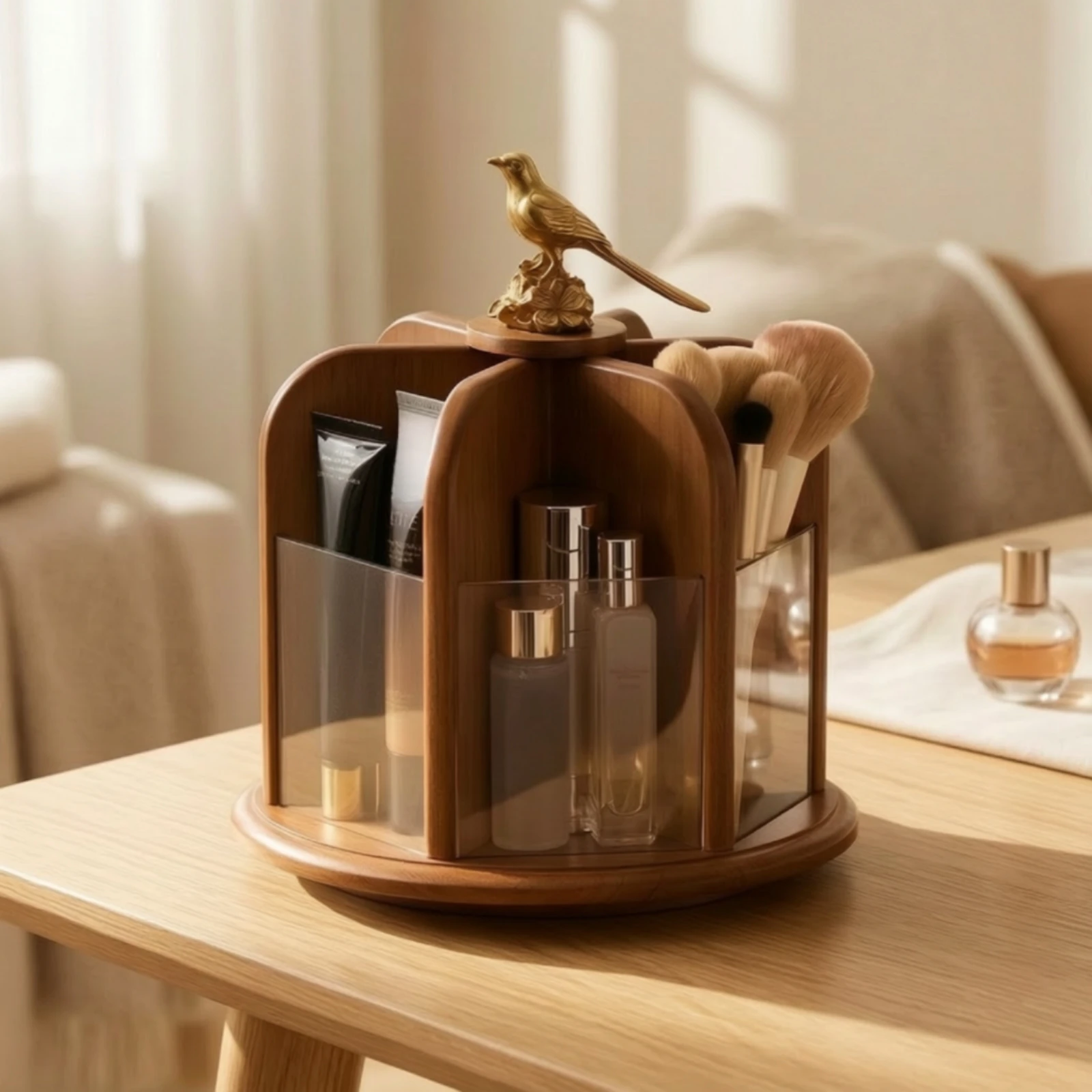 Rotating Makeup Organizer Wooden Makeup Carousel with Bird Ornament Rotating Organizer with Clear Panels Countertop for Women