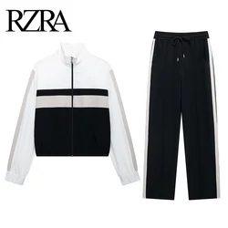 RZRA Women's 2024 Autumn New Casual Side Stripe Decorated Zipper Jacket Side Stripe Decorated High Waisted Black Casual Pants