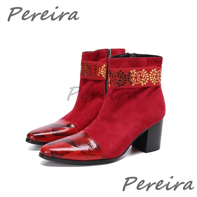

Trendy Red Suede Leather Men's Boots Black Patchwork 8Cm High Heel Short Boots Fashion Pointed Toe Zipper Party Dress Shoes