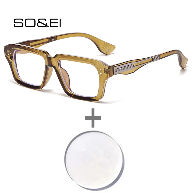 

SO&EI Retro Square Prescription Glasses Men Rivets Myopia/Hyperopia/Progressive Optical Lens with Recipe Women Eyewear