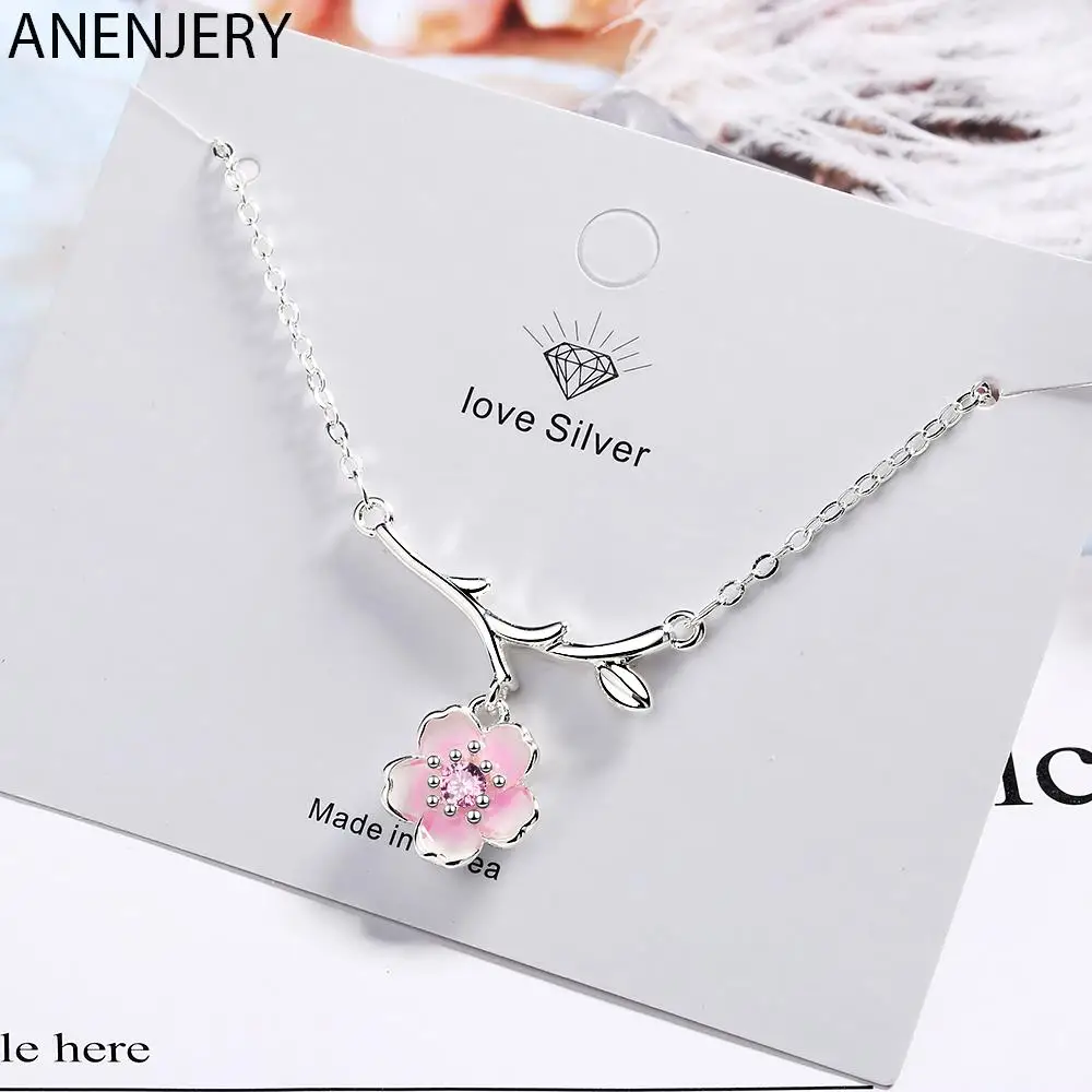 ANENJERY Silver Color Pink Cherry Blossom Necklaces Fashion Daily Jewelry Flower Pendant Necklace S-N437