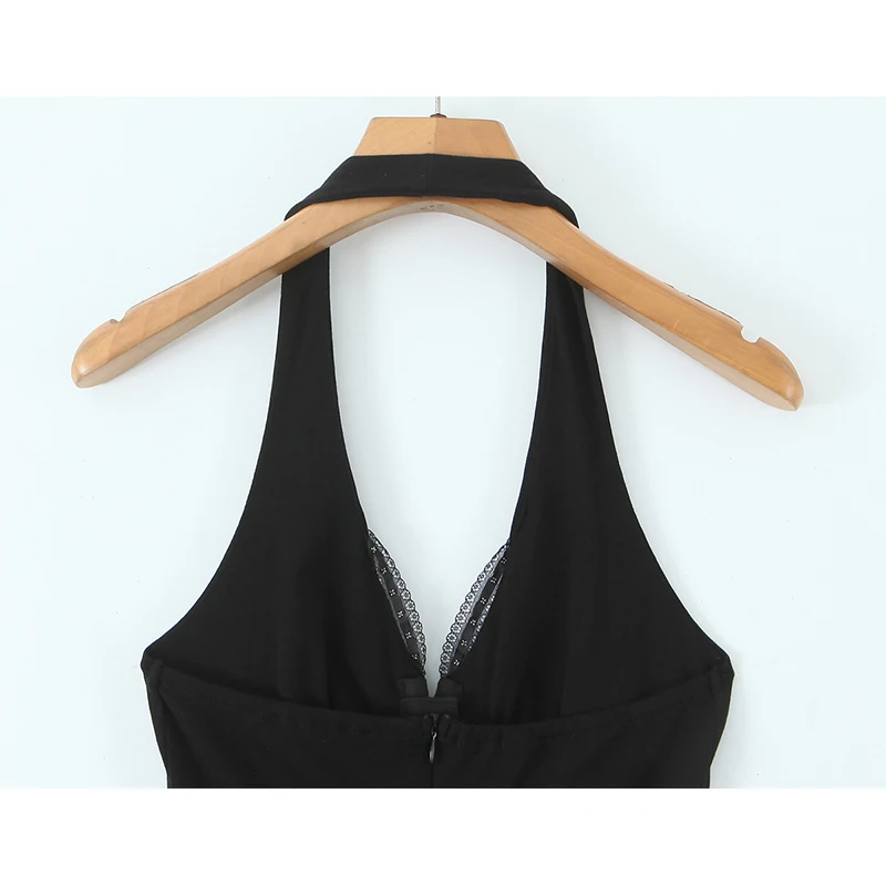 Sexy feminino renda emendada arco halter mini vestido moda sem costas em camadas bainha a linha verão vestidos pretos 2025 robe