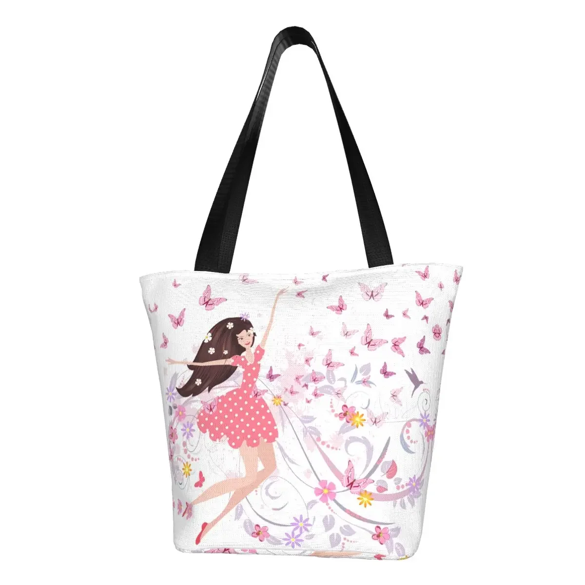 Funny Flower Fairy Girl Shopping Tote Bag Reusable Canvas Groceries Shopper Shoulder Bag