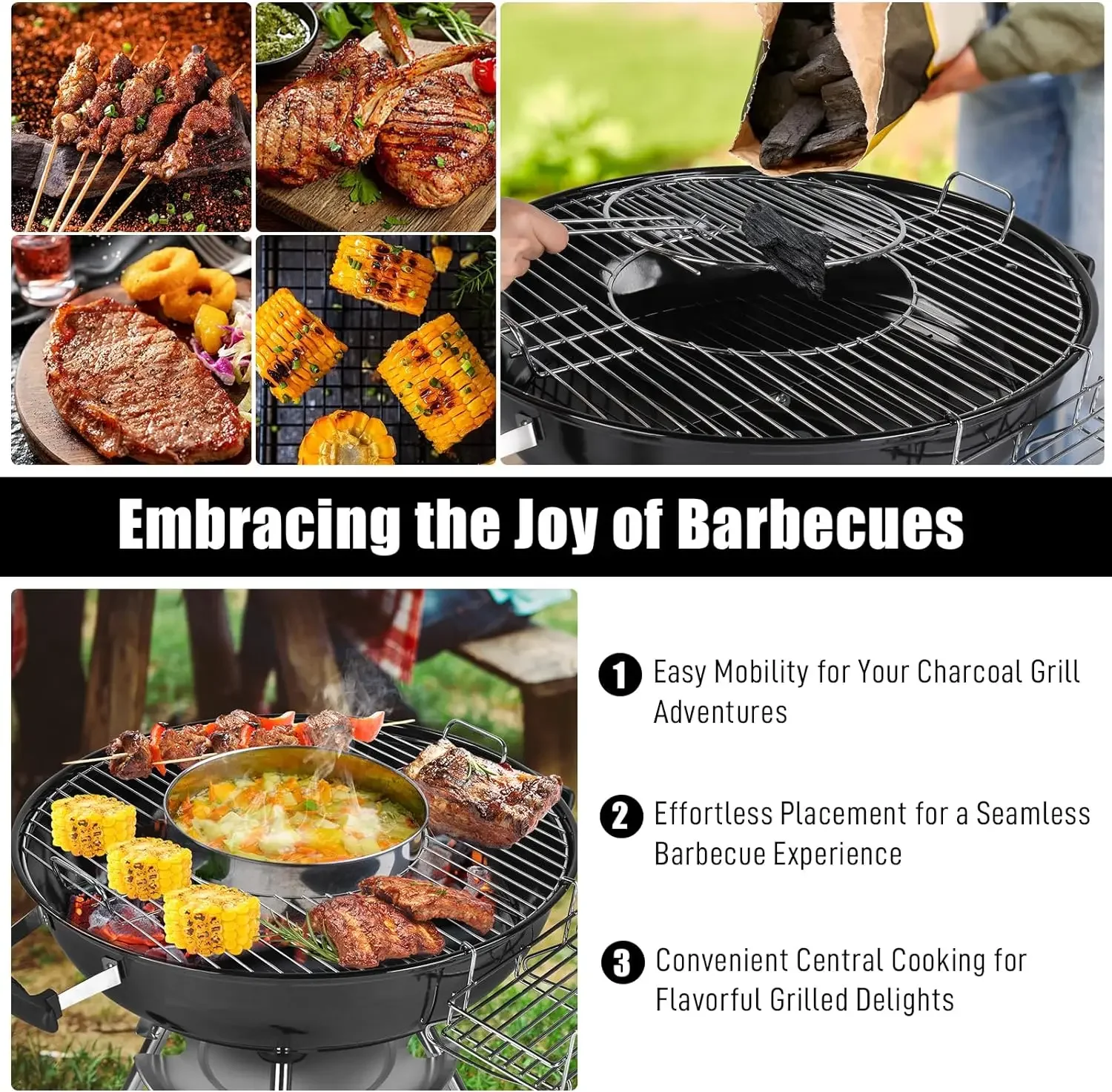 

Charcoal Grill, 22 inch Stainless Steel BBQ Charcoal with Wheels and Storage Holder for Camping Picnic Barbecue Party Outdoor