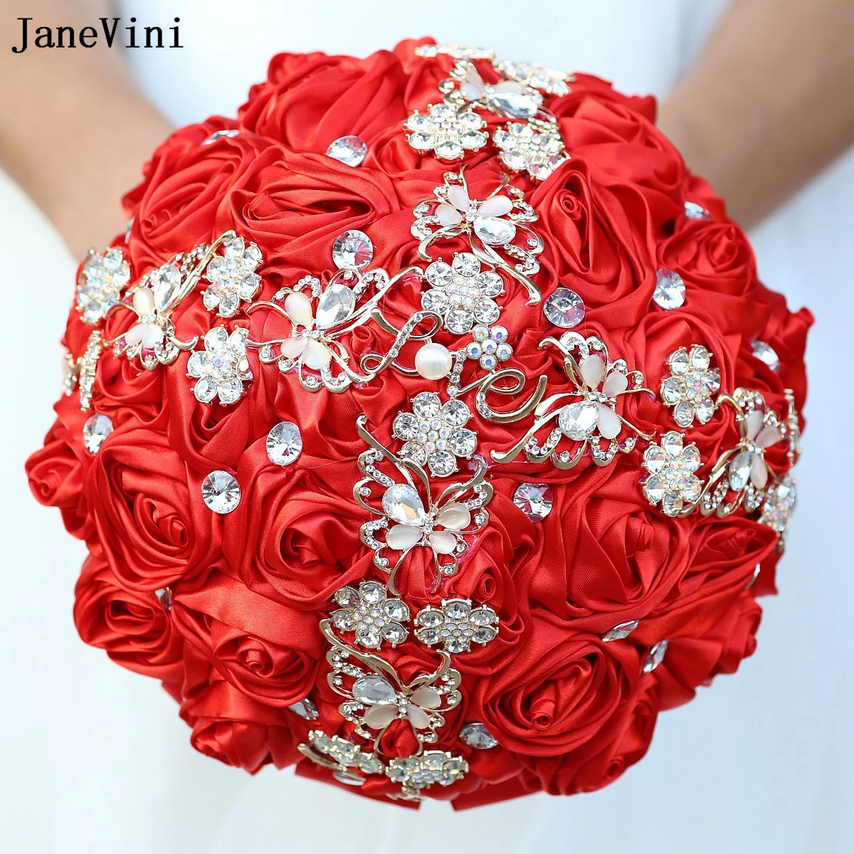 

JaneVini 2025 очаровательные бабочки со стразами, свадебные букеты для свадьбы, искусственные красные атласные розы, корейский букет невесты, цветы