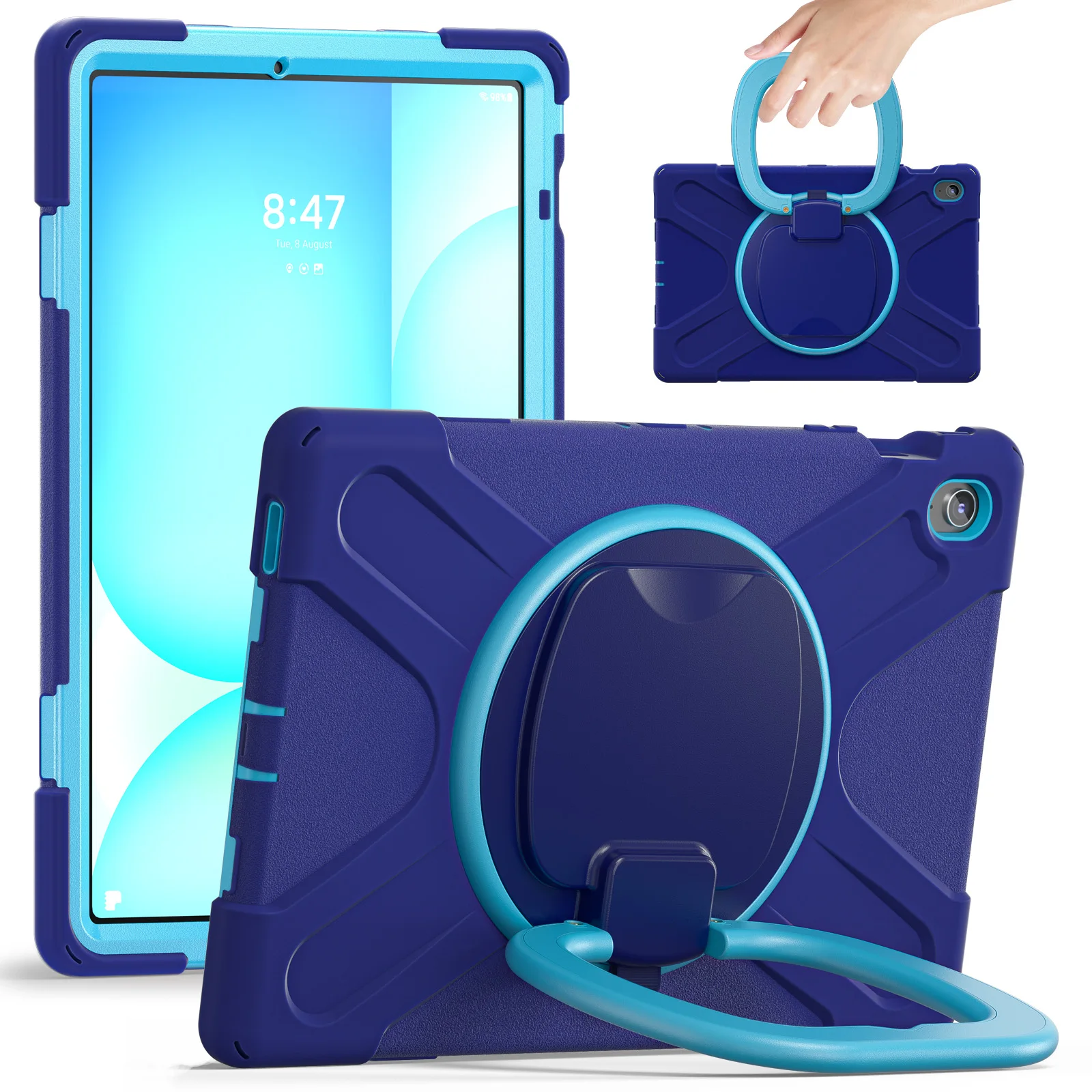 

Tablet Case for Samsung Galaxy Tab S10 FE+ SM-X620 / SM-X626B TPU + PC + Silicone Cover Kickstand Handle Grip - Navy Blue