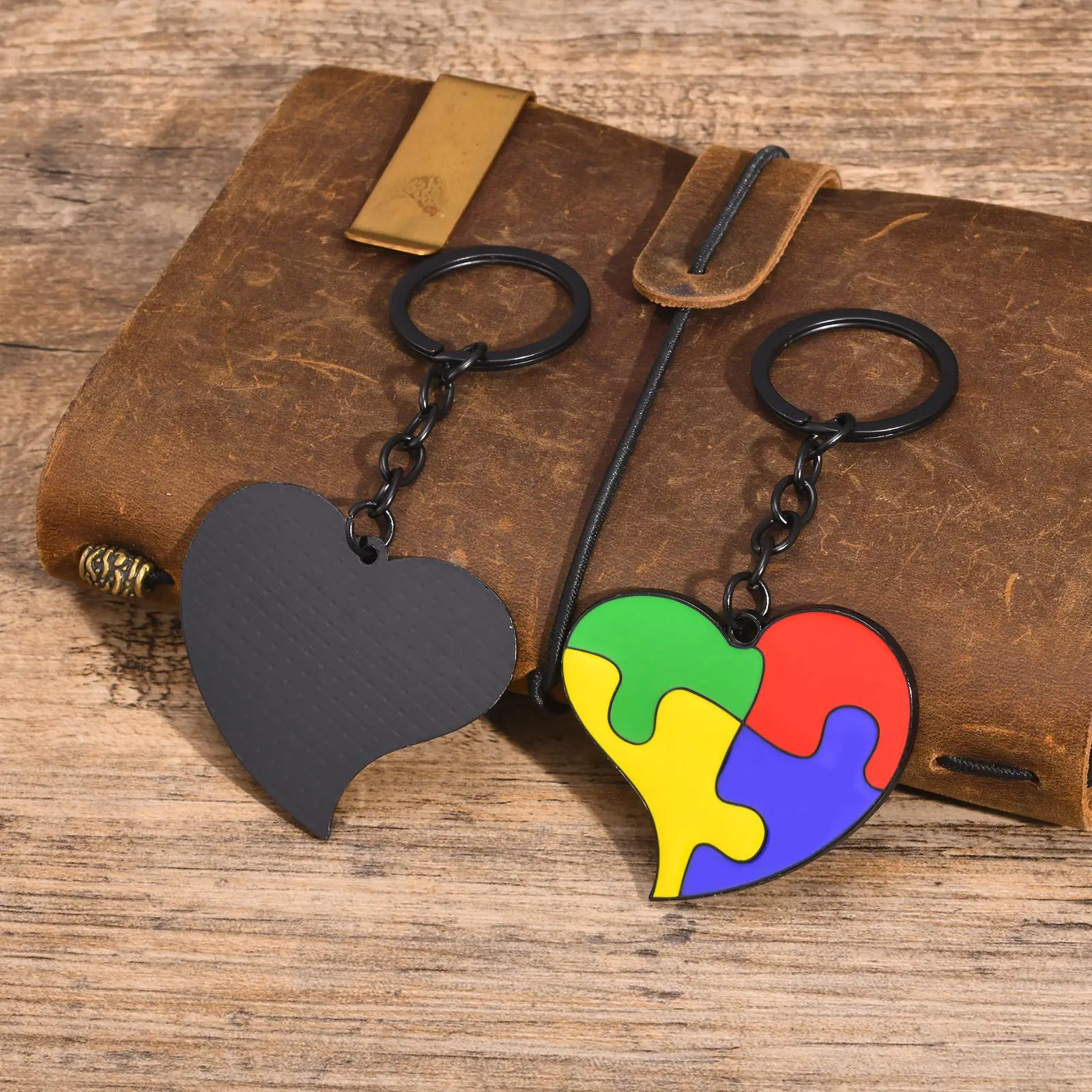 Vnox Free Personalized Back Autism ICE Info Key Chains, Colorful Puzzle Heart Pendant, Custom Autism Keychains