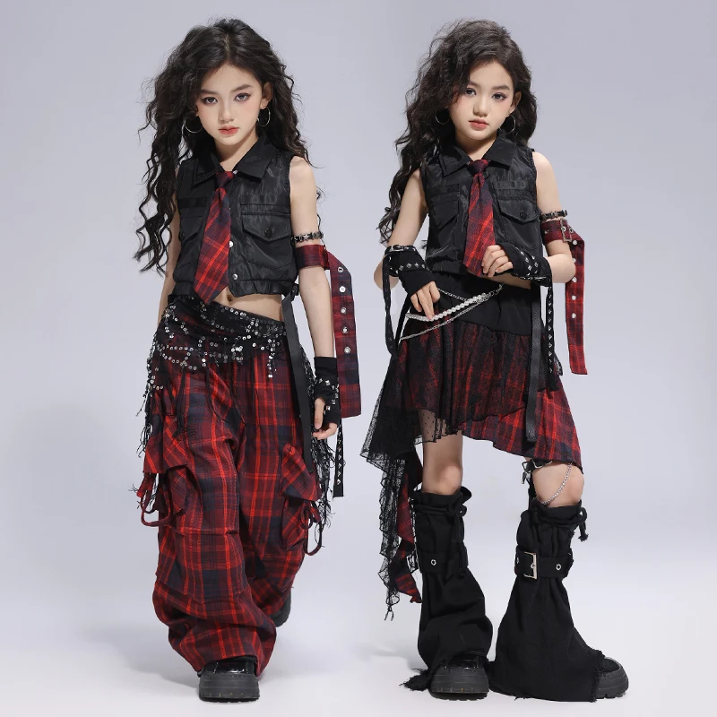 Mädchen Hip Hop Crop Tank Top Jogger Hosen Kind Sommer Plaid Hot Shorts Street Dance Kleidung Set Kinder Coole Kurze Jeans Kostüm
