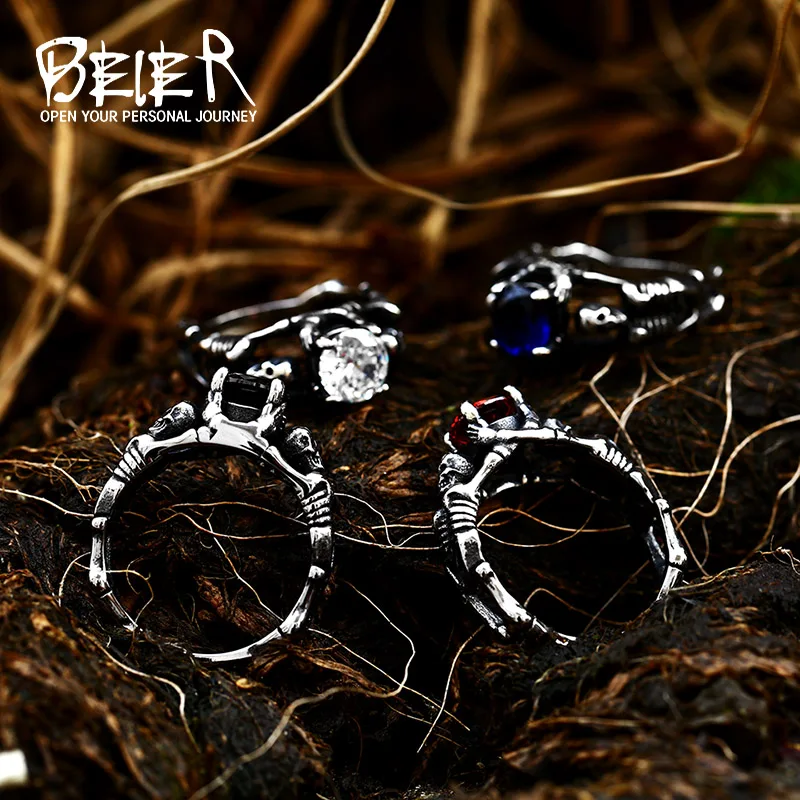 BEIER 316L stainless steel Simple men and women skull rings Fashion Inlaid Red/Blue/Black/white Stone jewelry BR8-907