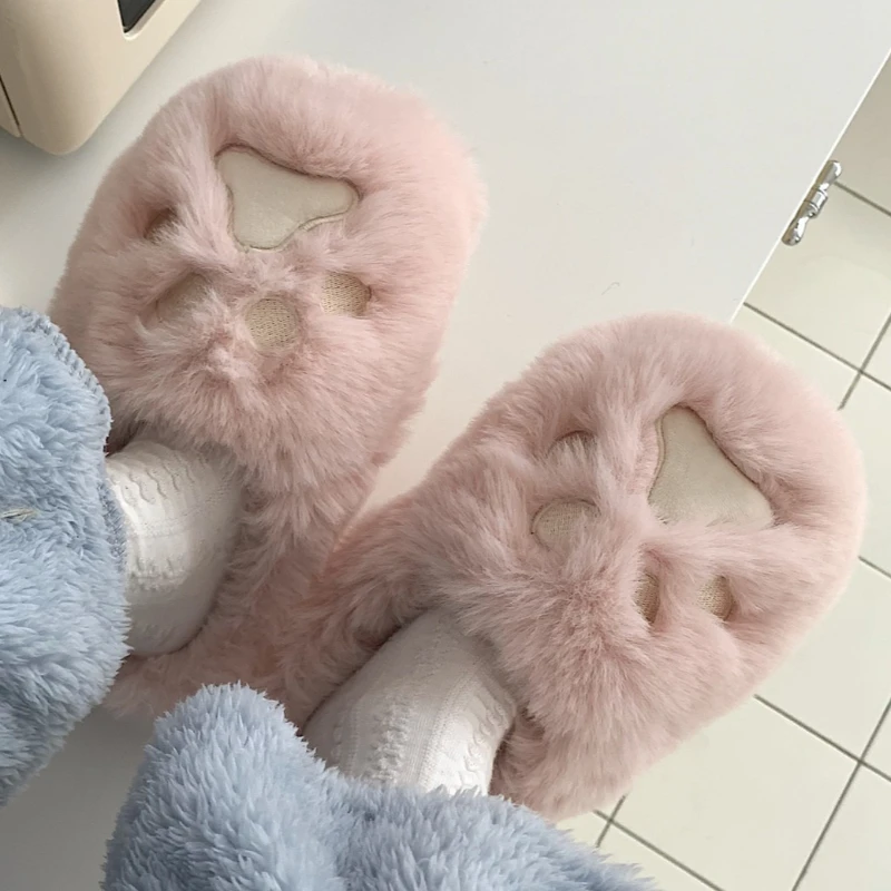 Women Indoor Furry Slippers Cute Cat Paw Winter Fluffy House Shoes Woman Home Floor Warm Cotton Slides Anti-slip Fur Footwear