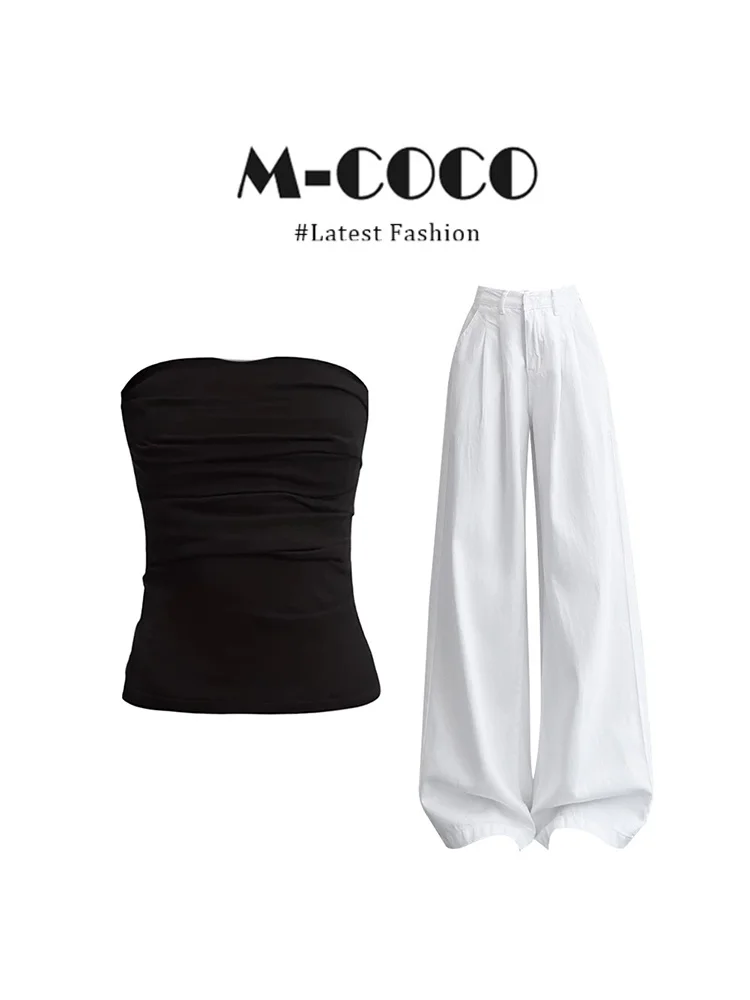 Marie Pure Desire Sexy Girl Black Pleated Tube Top Women Summer New Straight Leg Casual Pants Set Spicy Style Loose Fit