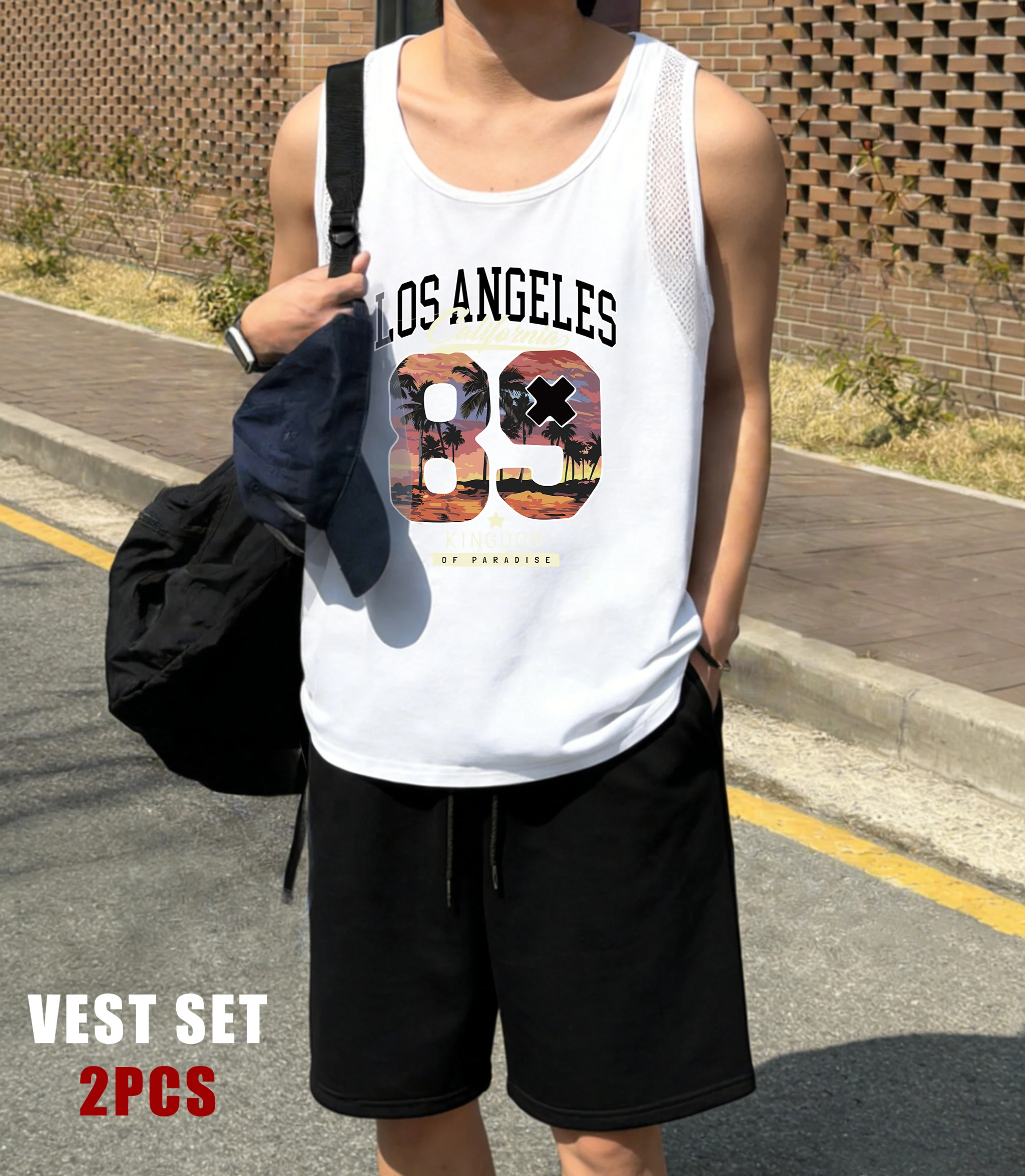 

Los Angeles California Kingdom No.89Mens Reticular Vest Set Summer Sport O-Neck Sleeveless Tee Unisex All-Match Fashion Shorts