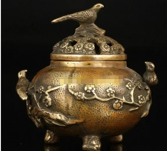 China Vintage Collectible Old Hand Plum Blossom Magpie Decorative Brass Censer