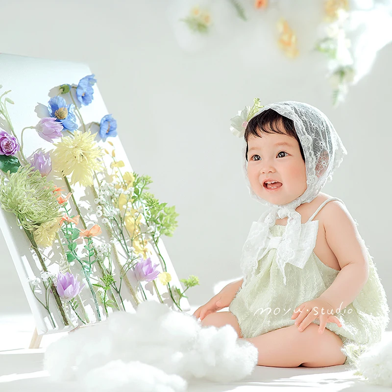 Bow Baby Girl Clothing Lace Headband Dress Shoot Set Artificial Flower Photography Props 12 Month Baby Sweet Sleeveless Bodysuit