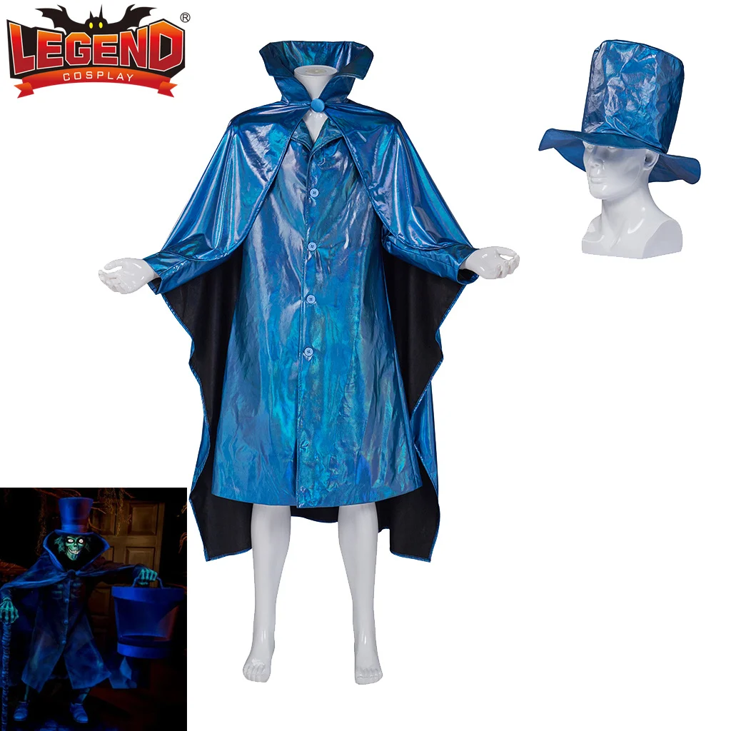 

Hatbox Ghost Cosplay Costume Blue Jacket Cape Cloak Suit with Hat Haunted Cosplay Mansion Adult Men Hat Box Ghost Costume Outfit