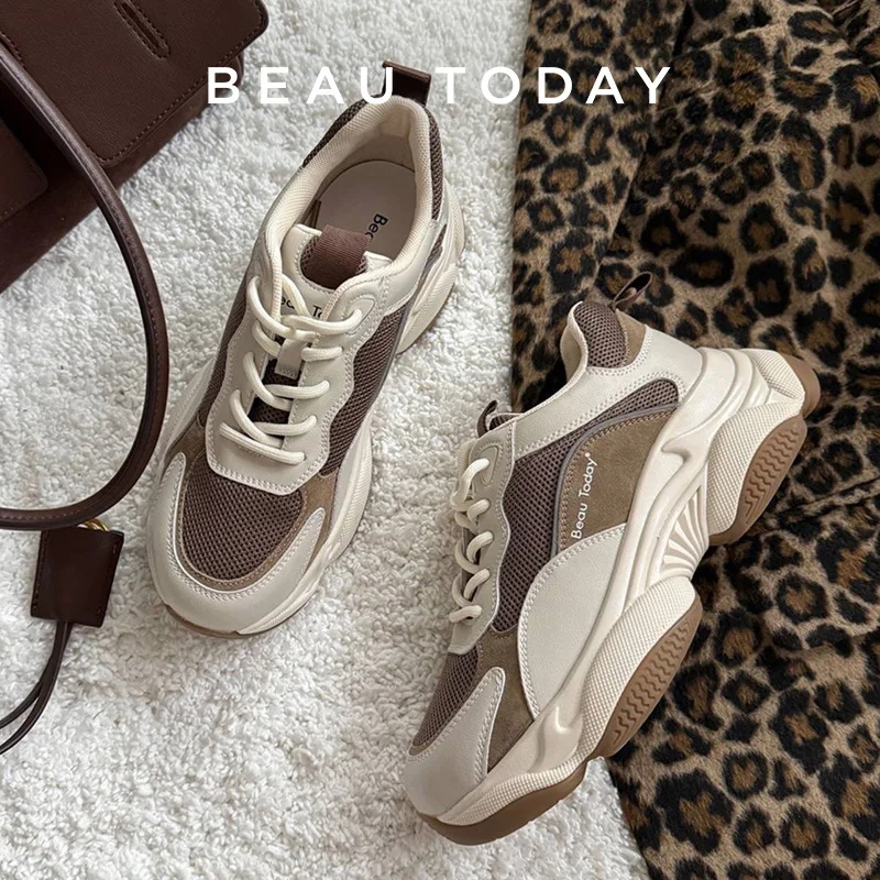 BeauToday Chunky Sneakers Women Mesh Leather Platform Shoes Mixed Colors Lace-Up Lady Trendy Trainers Thick Sole Handmade 29401