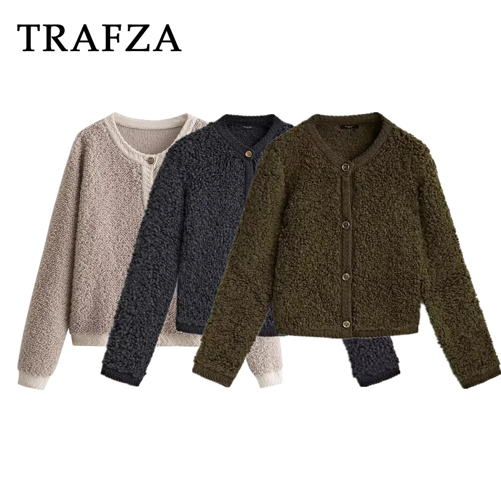 TRAFZA 2023 Autumn Winter Women Casual Knitted Solid Sweaters Fashion Vintage Straight O Neck Button Single Breasted Sweaters