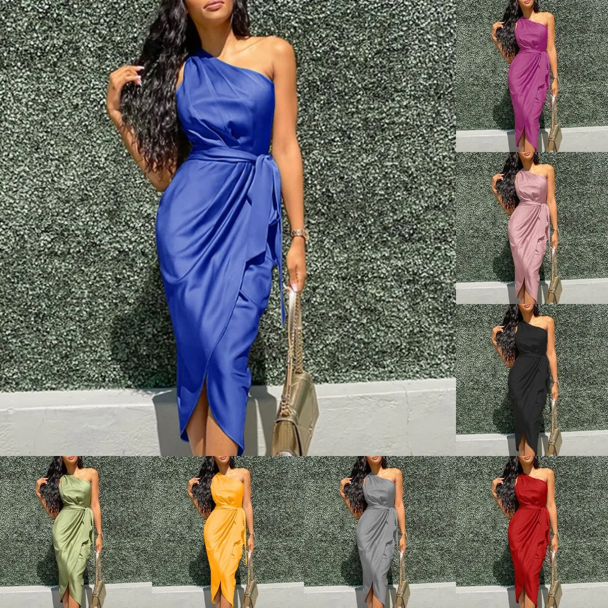 4wi Sle ロングスリムフィットサテンドレス アシンメトリーショルダーベルトディテールミディドレス レディースファッション通勤風ノースリーブ