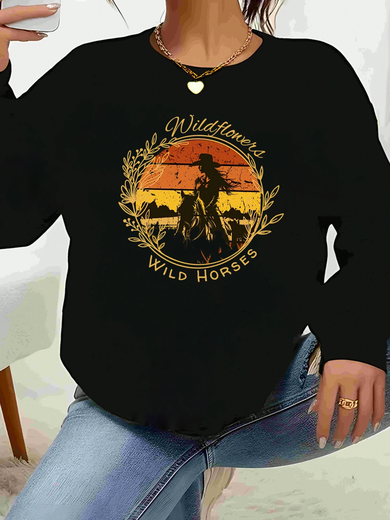 Wildflower Wild Horses Sunset 프린트 긴 소매 티셔츠 캐주얼 가을 여성용 탑