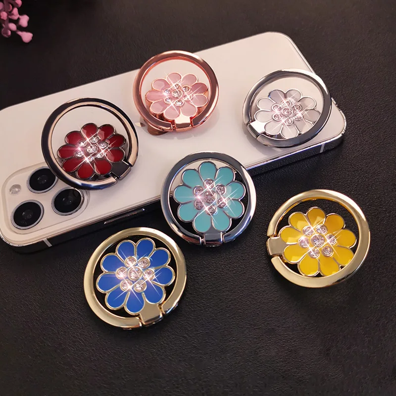 

Luxury Metal Flower Diamond Mobile Phone Bracket 360 degree Rotating Finger Ring Universal Accessories Stand Desktop Holder Caqa