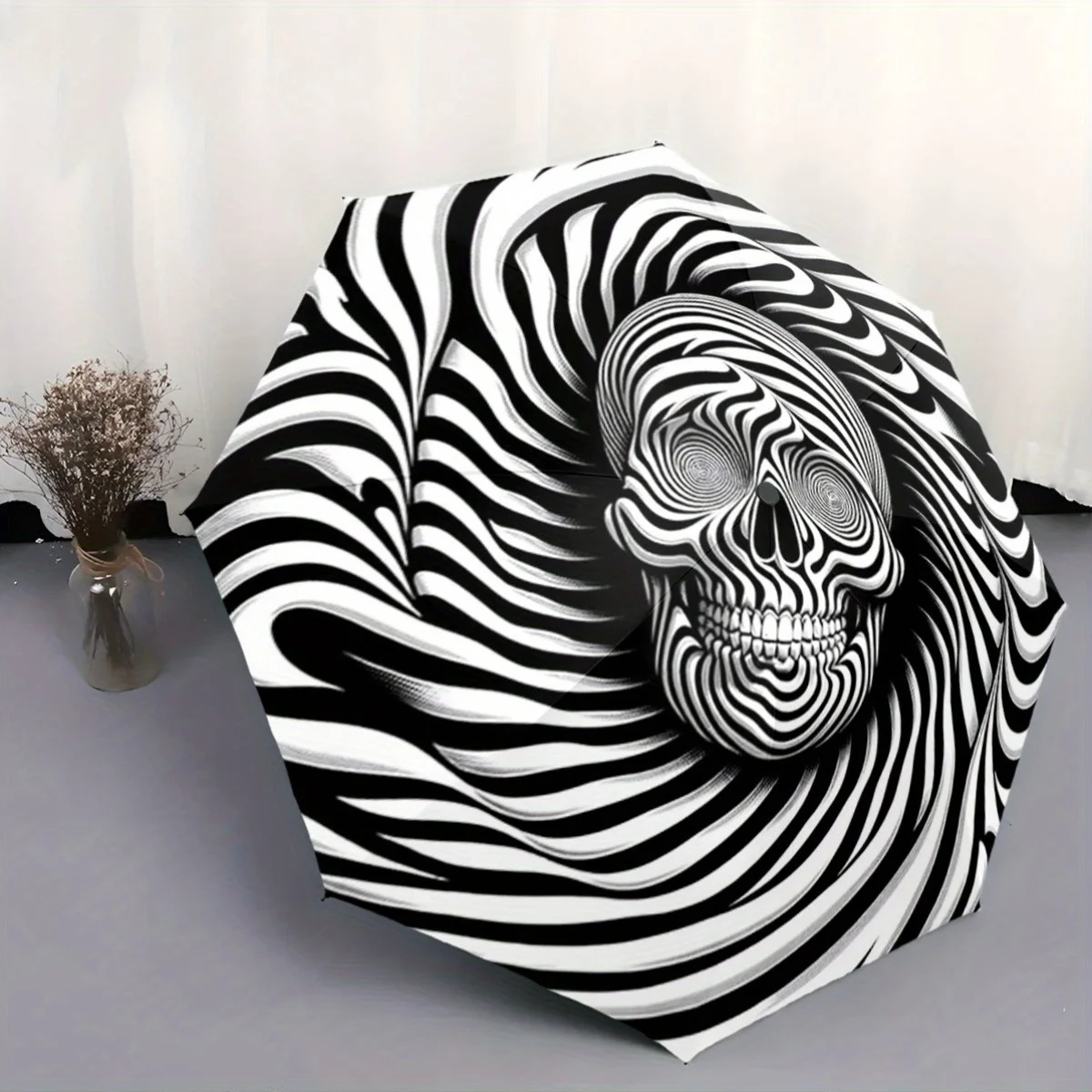 

Foldable Umbrella with Optical Illusion Pattern - Swirling Black & White Stripes & Skull Design, 8-Rib Automatic Open Compact