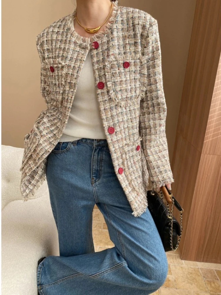 

Spring Autumn New Colorful Woolen Coat Women Vintage All-match Elegant Jackets O-neck Single Breasted Slim Fit Tops Mujer