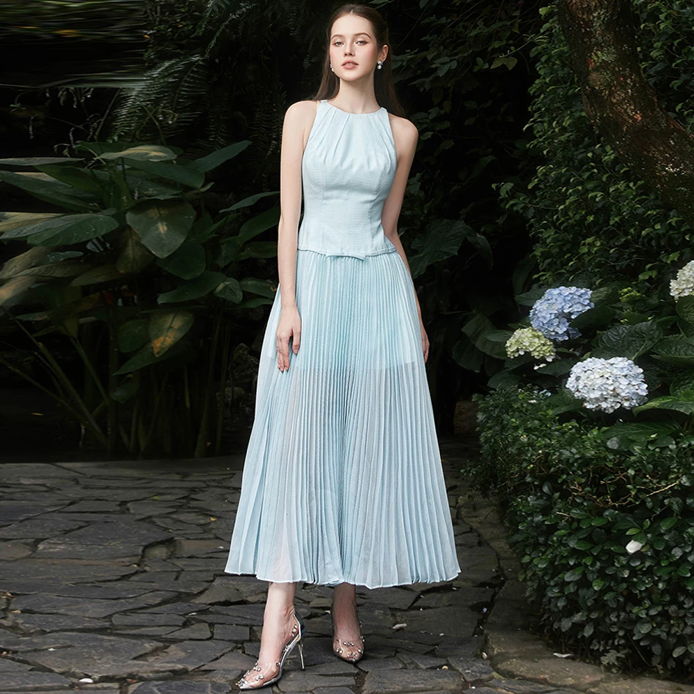 

Temperament Blue Chiffon Evening Dress Graceful O-Neck Prom Dresses Fashion Sleeveless Customized Special Occasion Gowns
