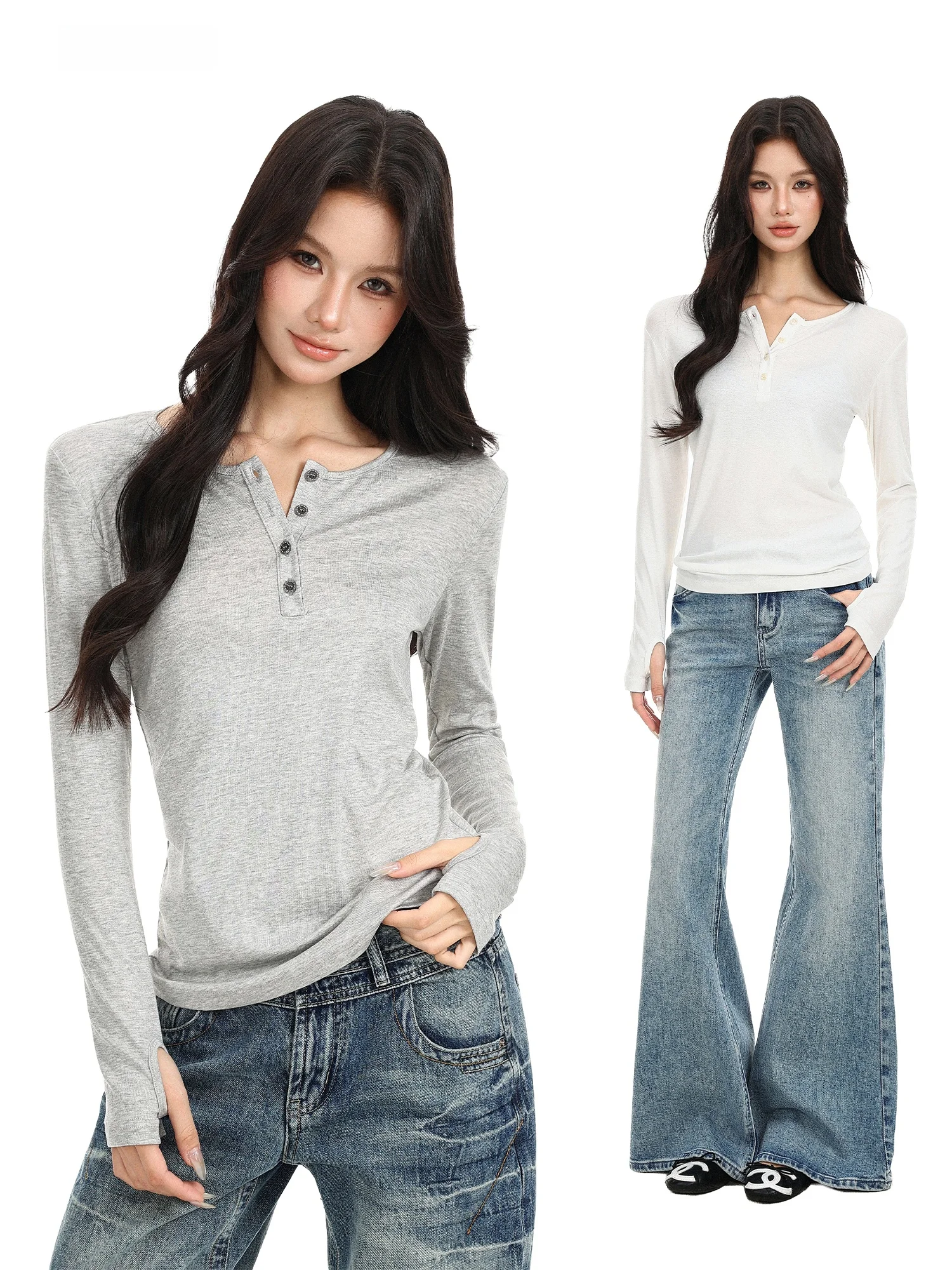 Loose Fit Long Sleeve T-Shirt Women's Autumn Seasonal Henry Button V-Neck Half Open Collar Slimming Base Shirt Top