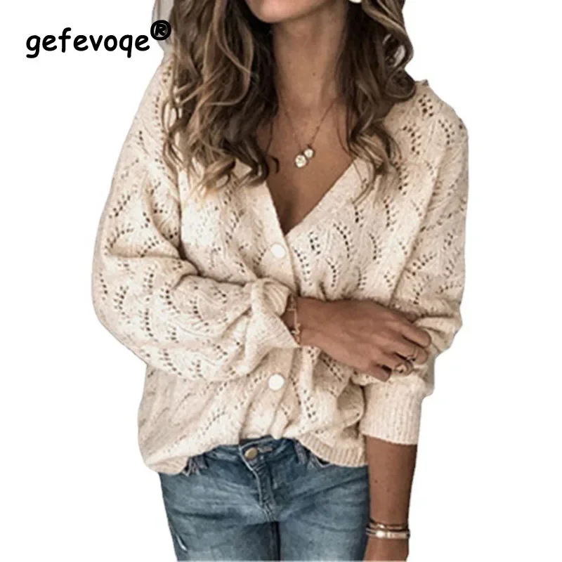 2023 Autumn New Women\'s Fashion Hook Flower Hollow Sexy V-neck Long Sleeve Single Breasted Cashmere Knitted Cardigan Top