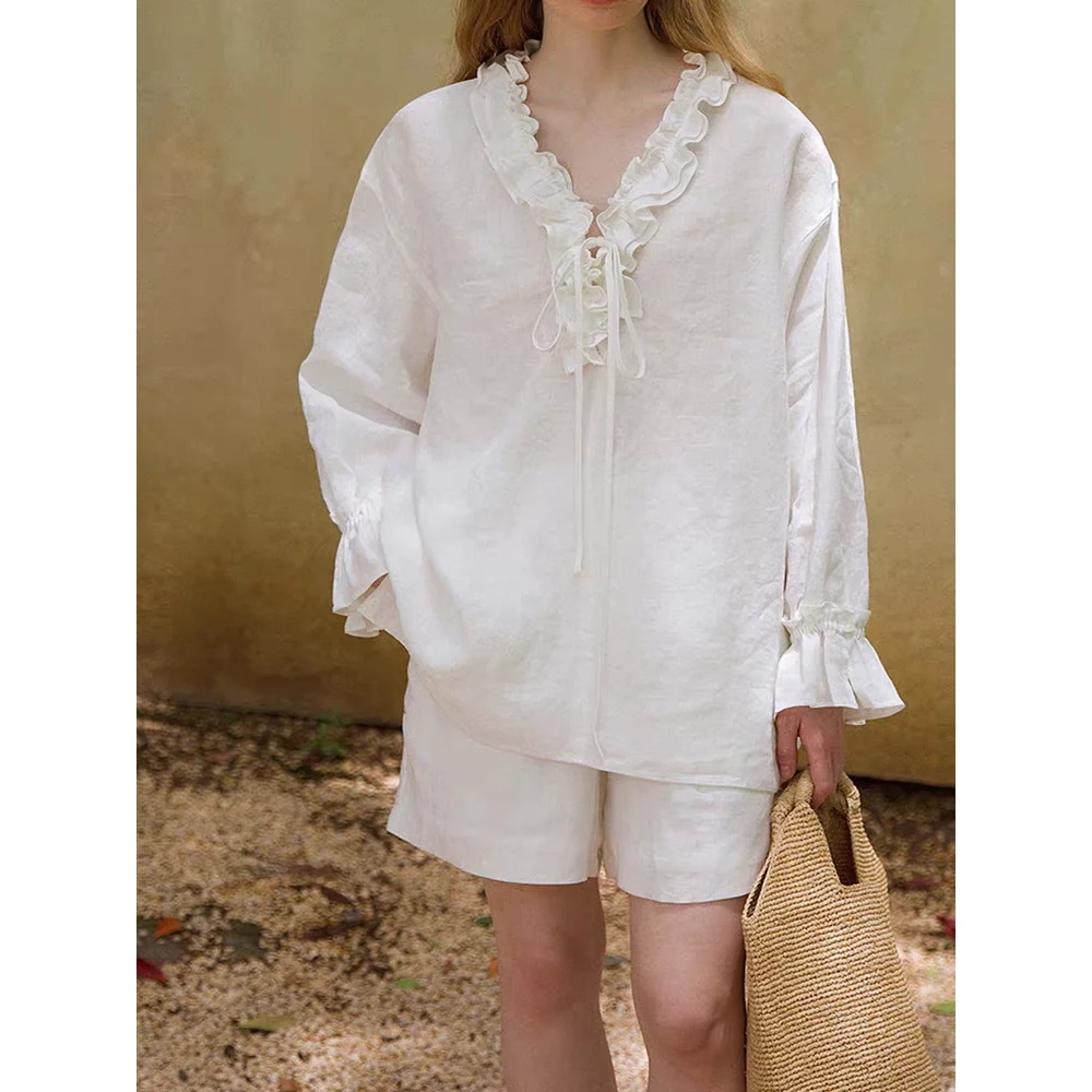 

Retro White V-Neck Linen Shirt Women's Spring Summer Loose Casual Belted Casual Top Comfortable Breathable Long Sleeve Shirt