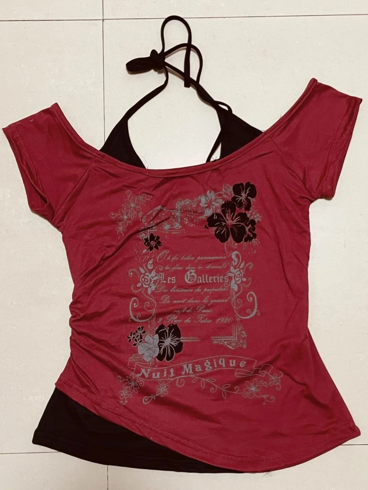 

Korean 2025 Summer Sexy One Shoulder Y2k Aesthetic T-Shirts Streetwear Green O-Neck Printing Slim T Shirts Harajuku Subculture