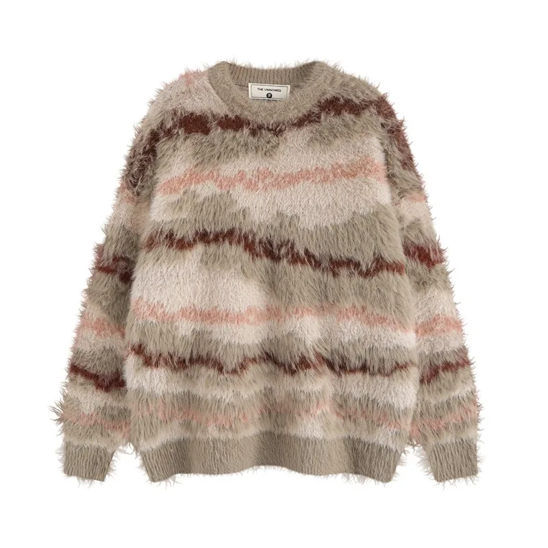 

Fall-winter 2024 Mink Hair Slouchy Striped Worn Knitwear for Men and Women Retro Fashion Design Loose Sweater