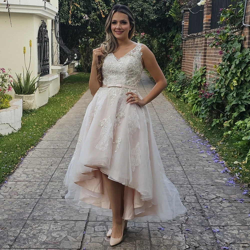 Customized Luxury Wedding Dress Applique V Neck Asymmetrical Modern Wedding Gowns High-Low A Line Illusion Bridal Dresses 2026