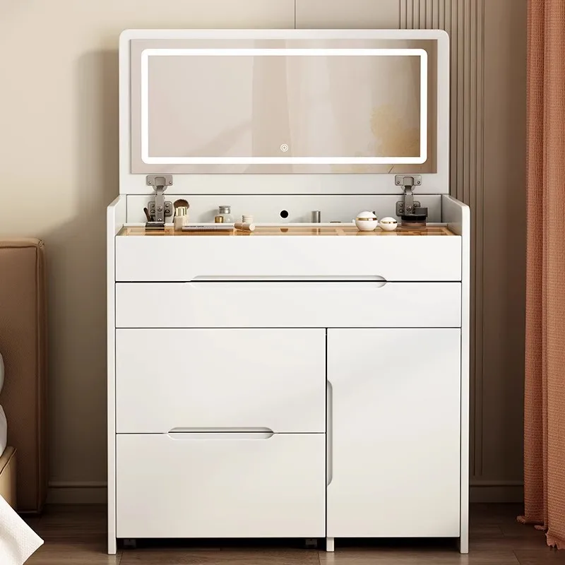 New Design Creamy Style Foldable Dressing Table Bedroom Mini Flip Top Bedside Storage Cabinet Vanity Makeup Set
