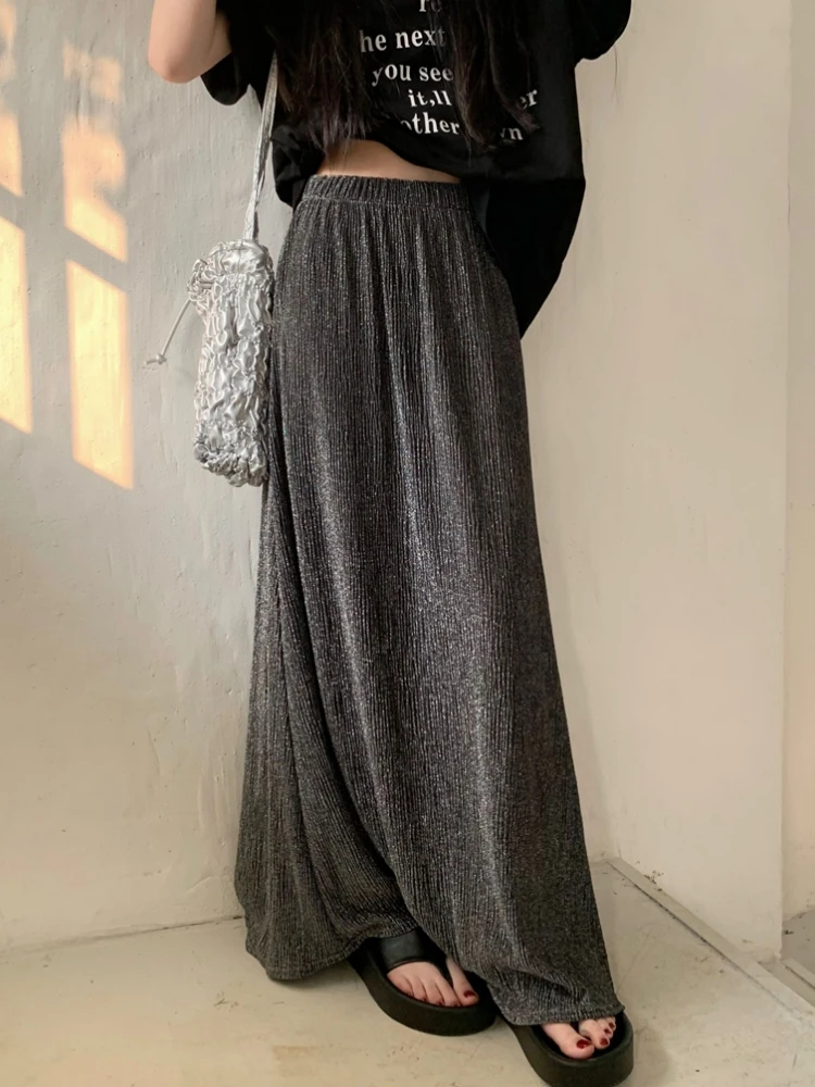 Vintage Spring Summer Long Skirt Women Max Skirt Korean Fashion Silver Lurex Shining High Waisted Pleated Skirts