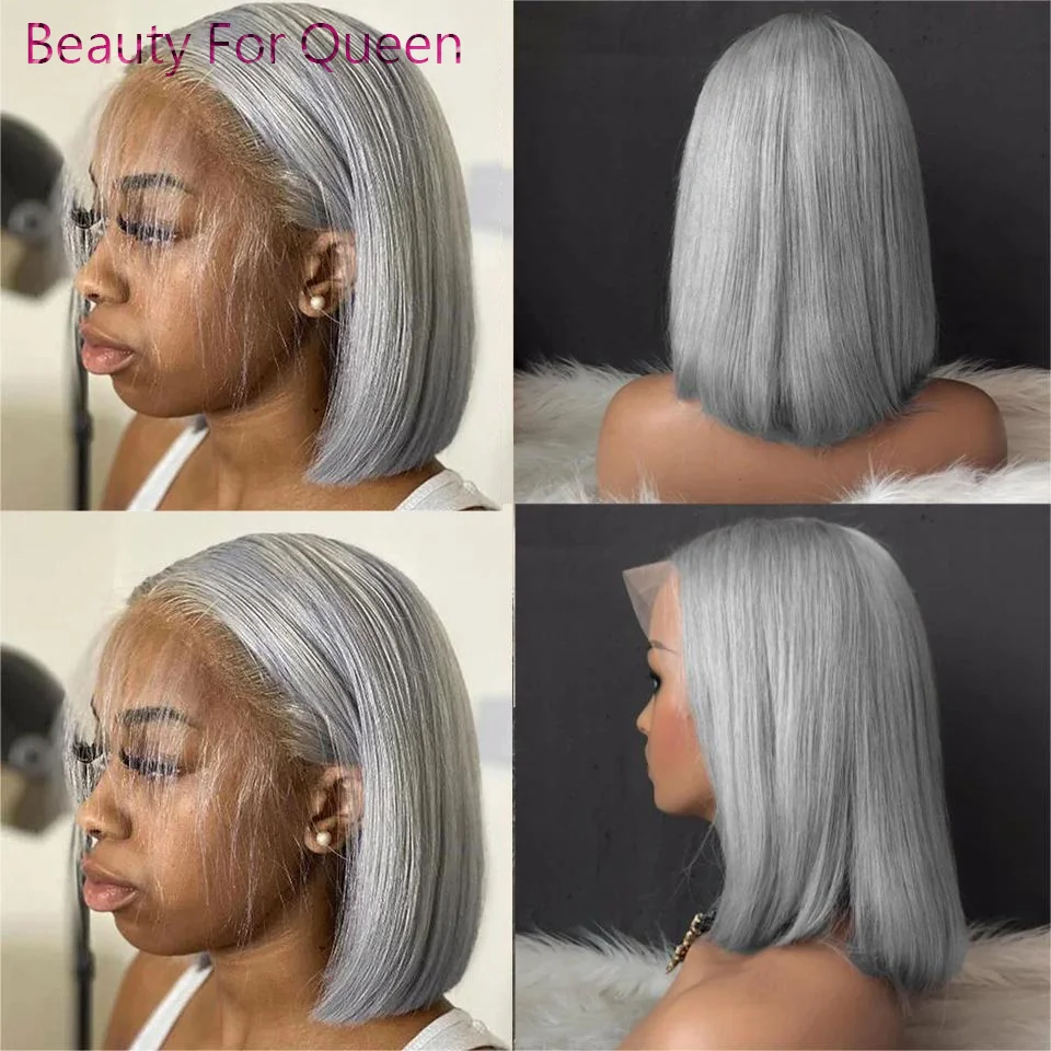 Perruque Bob Lace Front Wig Brésilienne Naturelle, Cheveux Courts Gris Argent Transparent, 13x4, 13x6, pour Femme