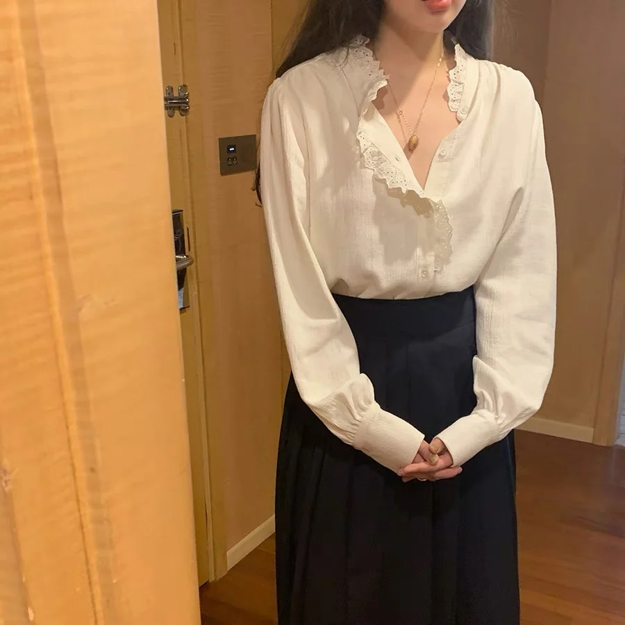 Chic Long Sve da donna irt coreano Sle delicato dolce versatile semplice eleganza pizzo finiture splicing traspirante delicato sulla pelle