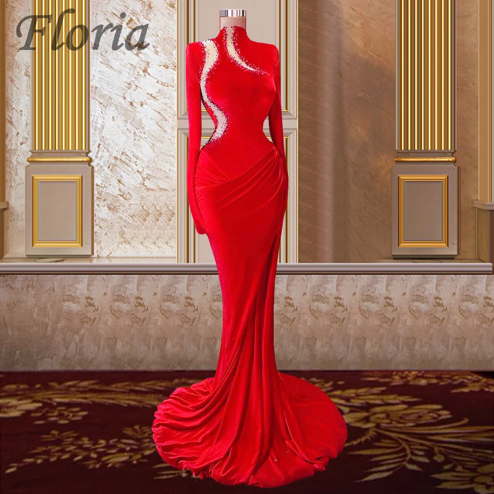 Beaded Fashion Velvet Red Mermaid Long Evening Dresses Party Gowns 2022 Formal Party Prom Dresses Plus Size Robe De Mariee