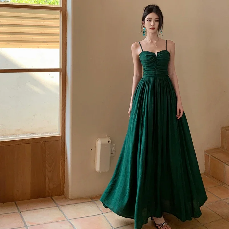 

Sexy Backless Sleeveless Spaghetti Strap Dress Women Summer Pleated High Waist Split French Holiday Beach Party Long Dresses