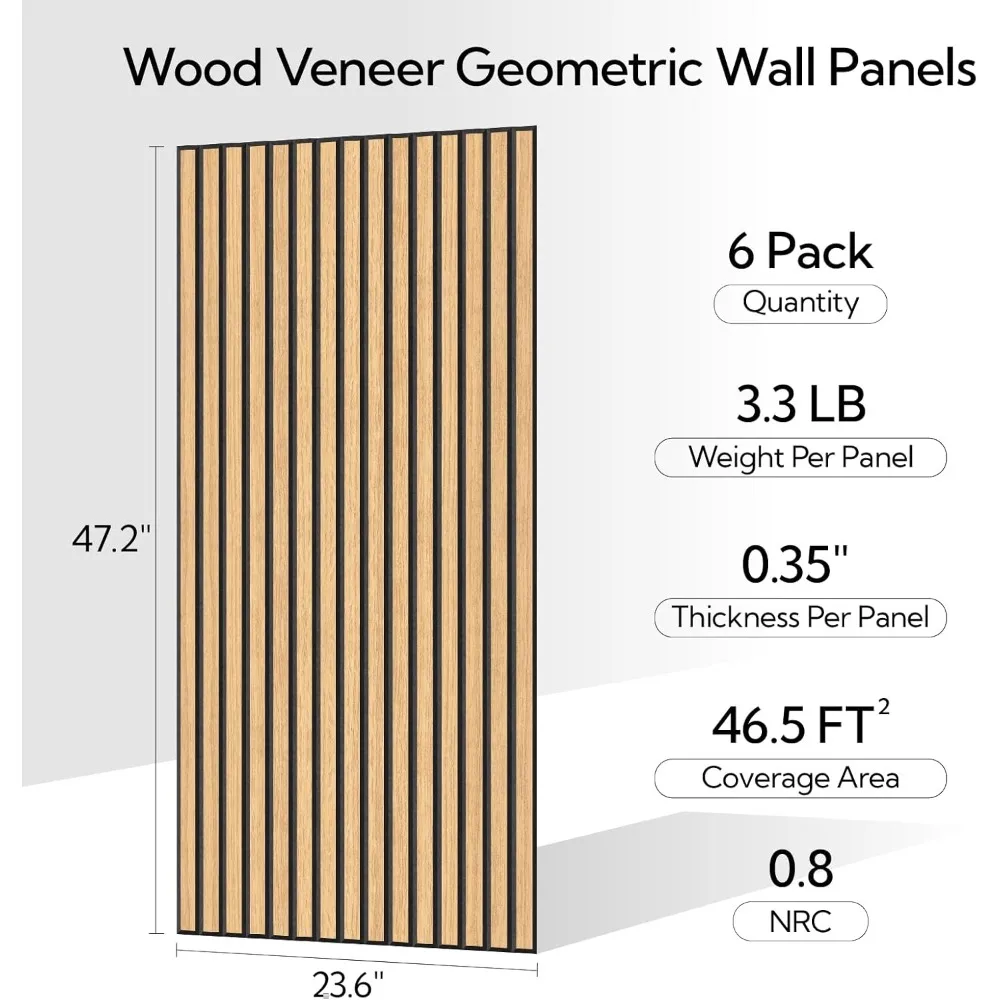 Paneles de pared acústicos de chapa de madera, paquete de 6, paneles de pared absorbentes de sonido de 23,6 × 47,2 para decoración de paredes interiores, roble frío
