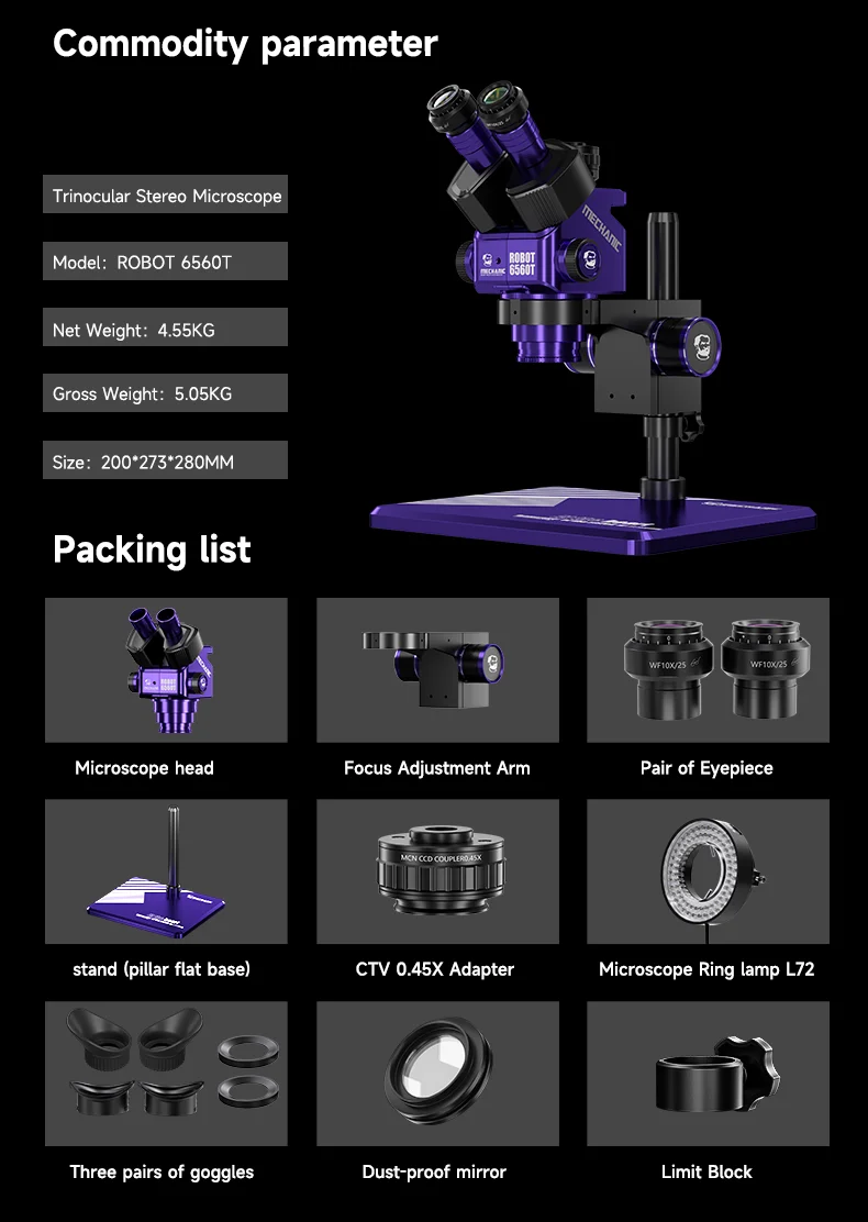 MECHANIC ROBOT 6560T Trinoculaire Stereomicroscoop 6.5X-60X Continue Zoom WF10X25 Oculair voor Telefoon PCB IC Soldeerreparatie