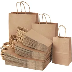 25/50Pcs Brown Kraft Paper Gift Bags With Handle Wedding Birthday Party Favor Bags For Small Shopping Retail Merchandise Bags