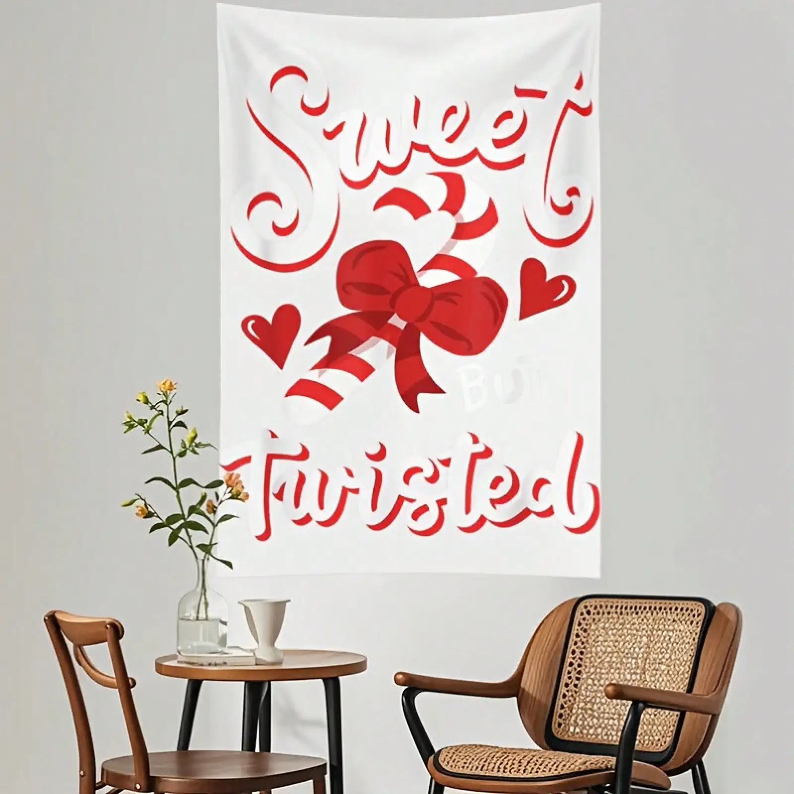 Sweet Twisted Tapestry, Red Bow Heart Typography Wall Hanging, Romantic Aesthetic Decor for Bedroom Living Room Dorm Girl Gift