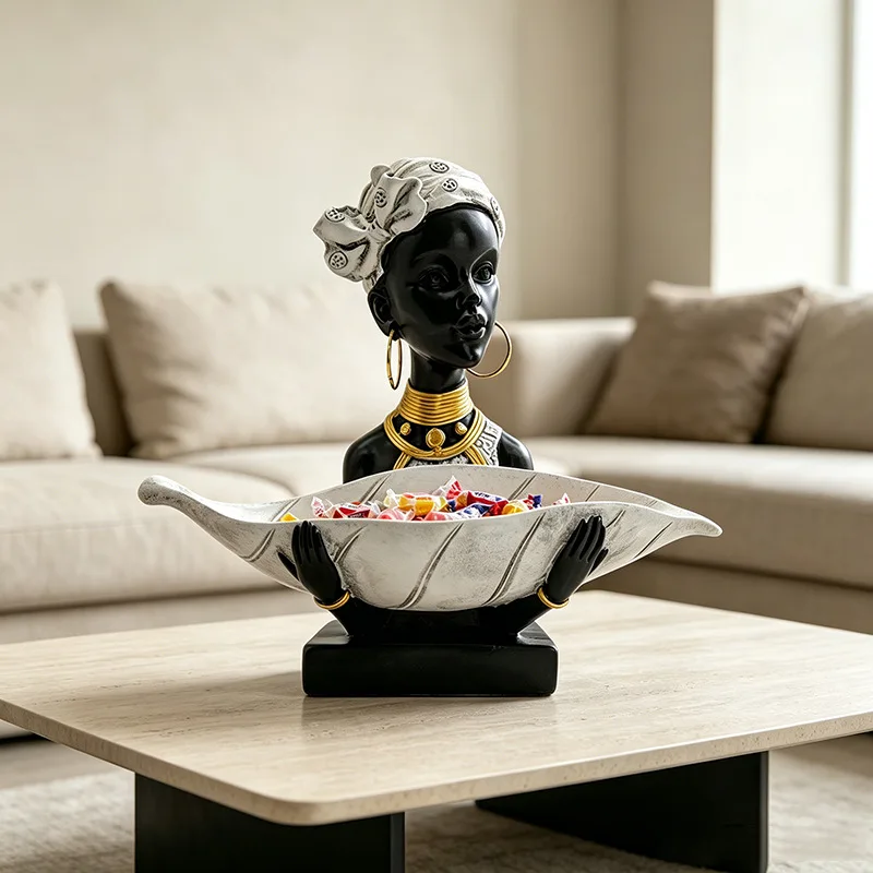 New African‑Style Resin Figurine With Leaf Basket Tray, Decorative Key Storage Holder, Exotic Ethnic Desktop Ornament, Home Deco
