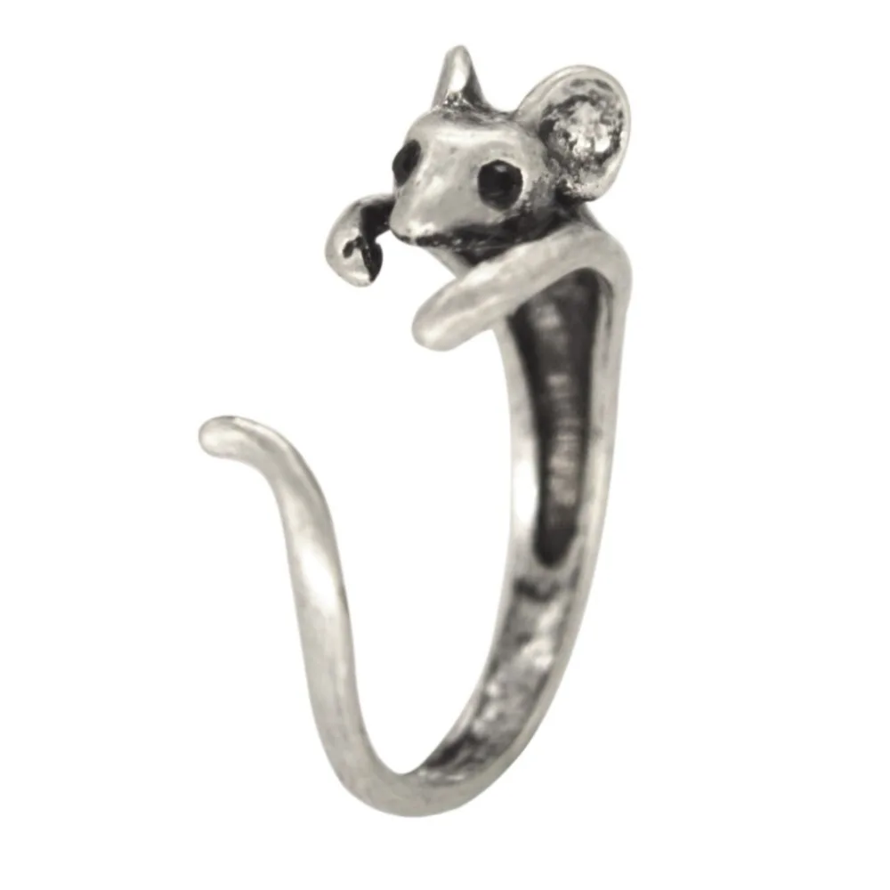 Huitan Cute Mouse Shape Open Ring for Women Antique Silver Color Modern Fashion Girls Finger Accessories Hip Hop Party Jewelry